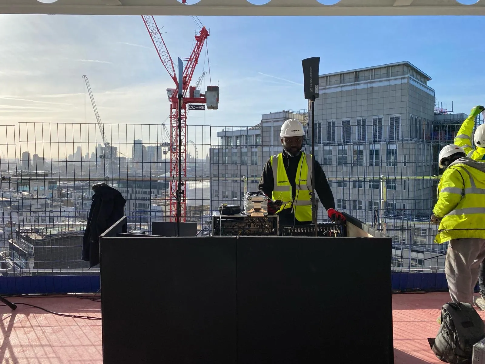 EMS Events sound engineer at Mace topping-out ceremony