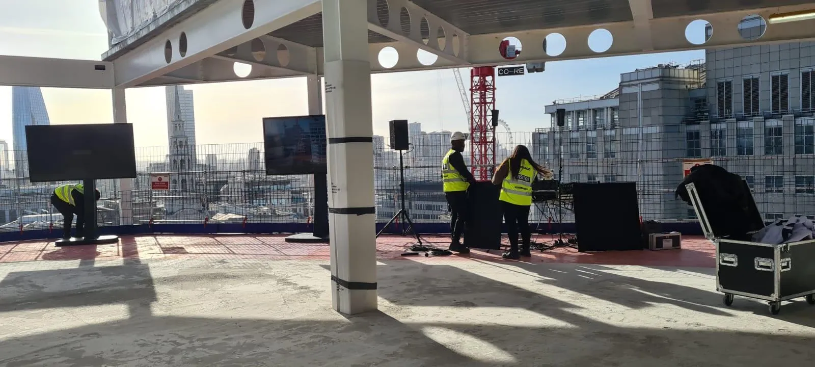 Rooftop AV setup for Mace Stonecutter Court topping-out ceremony