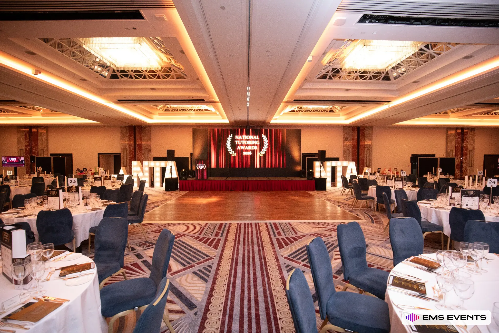 Wide view of the Royal Lancaster London ballroom set for The Tutors' Association's 5th National Tutoring Awards by EMS Events