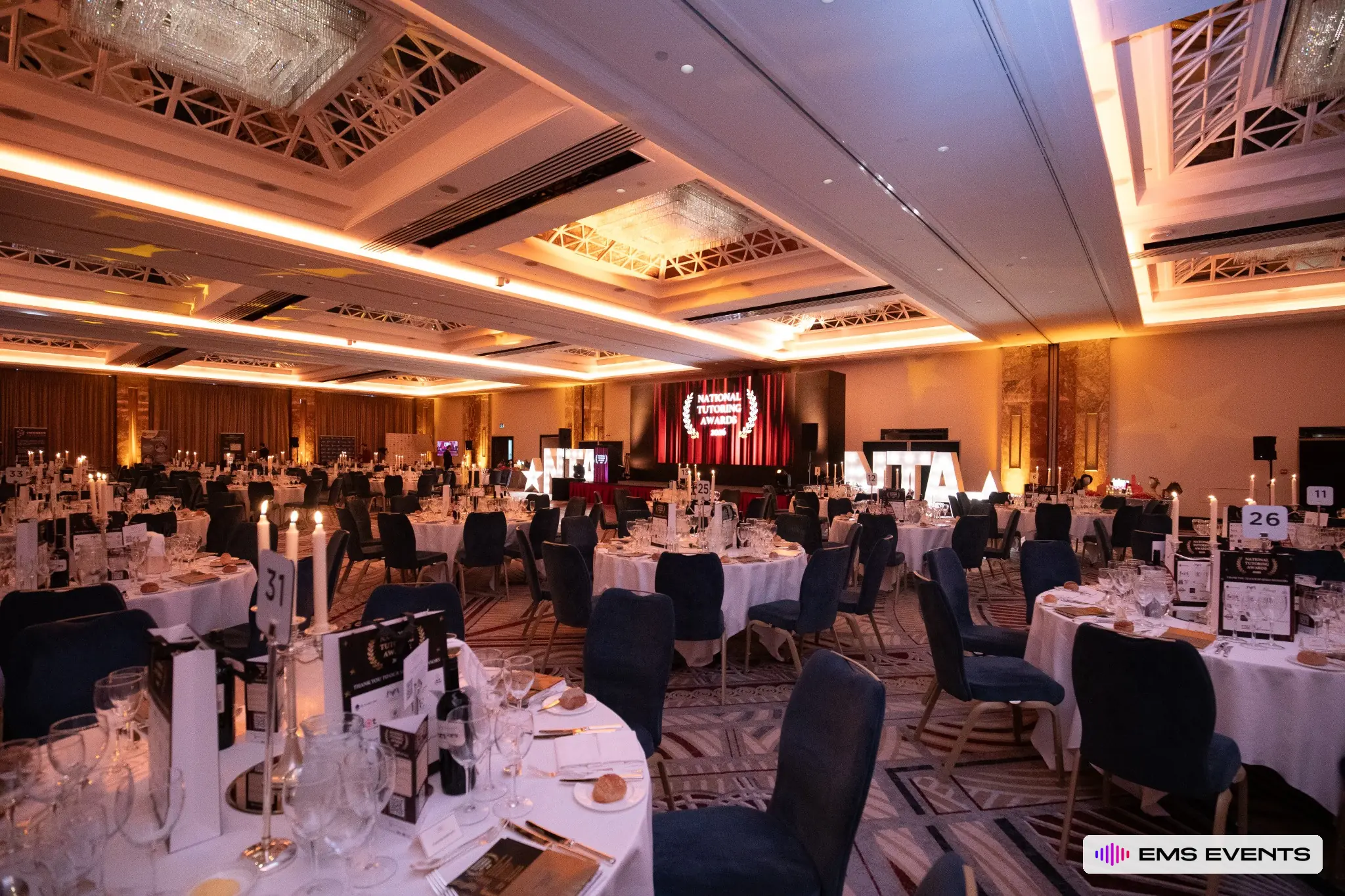 Event lighting design and full ballroom staging for the 5th National Tutoring Awards at Royal Lancaster London