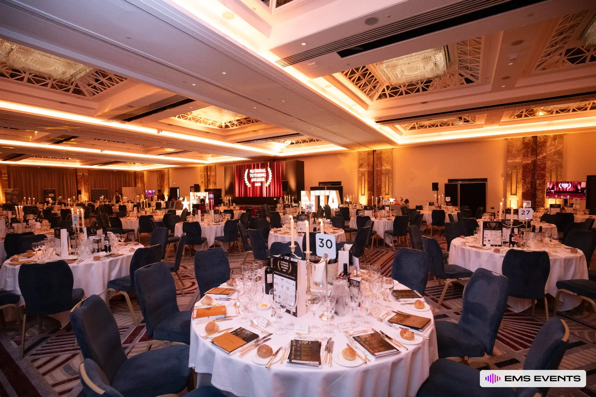 Full ballroom setup at Royal Lancaster London for the 5th National Tutoring Awards, produced by EMS Events