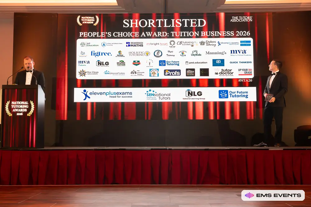 People's Choice Award: Tuition Business 2026 shortlist displayed on stage at the 5th National Tutoring Awards