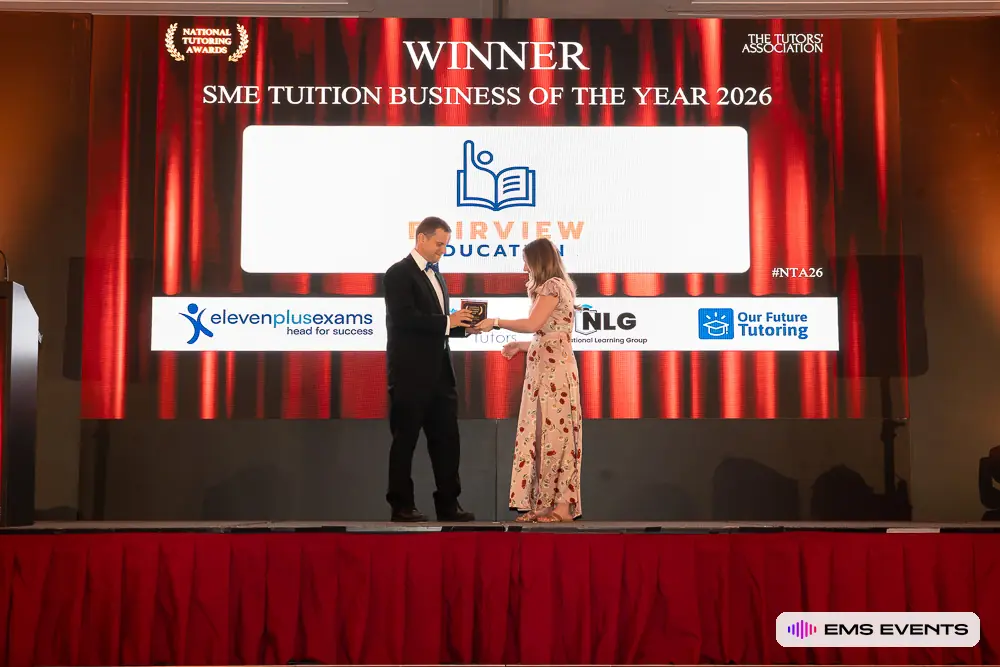 Fairview Education receives the SME Tuition Business of the Year 2026 award on stage at Royal Lancaster London