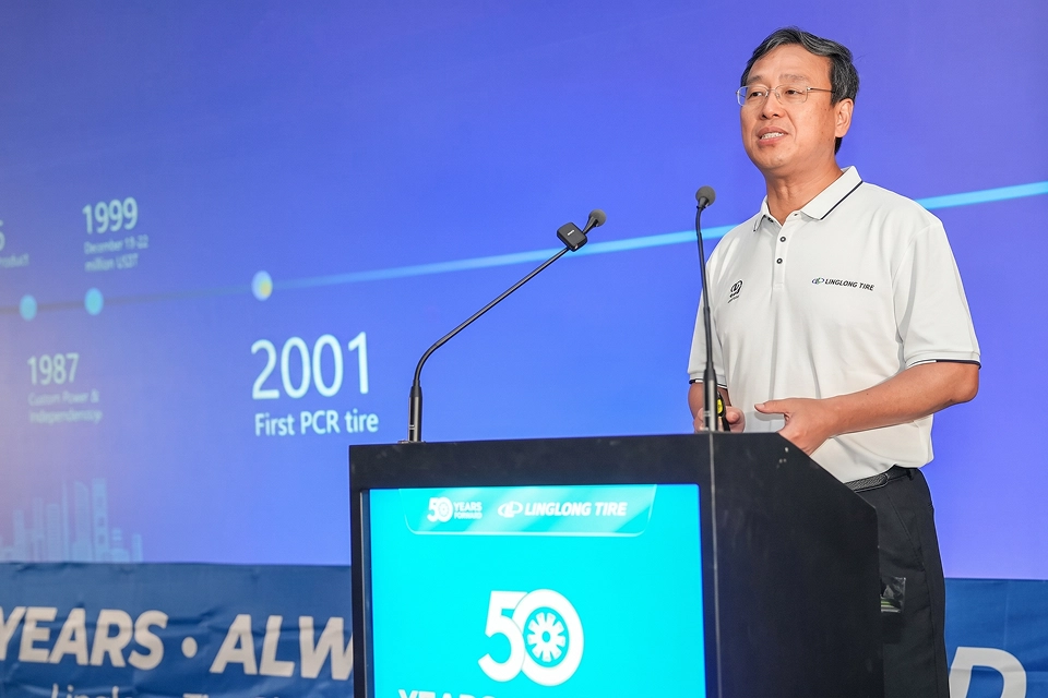 Linglong Tire executive presenting 50-year milestonetimeline-in London